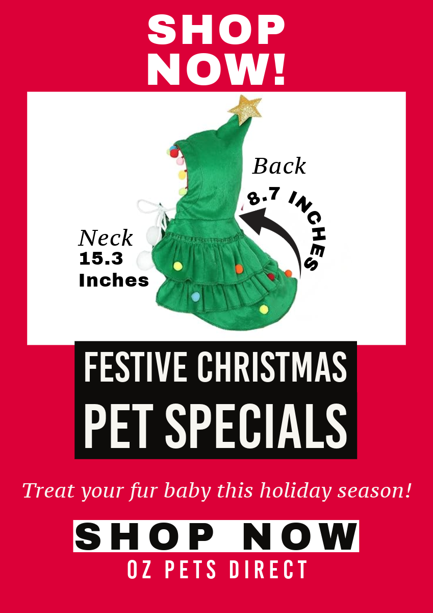 Christmas Tree Pet Costume measurements showing 15.3 inch neck size and 8.7 inch back length with shop now call to action