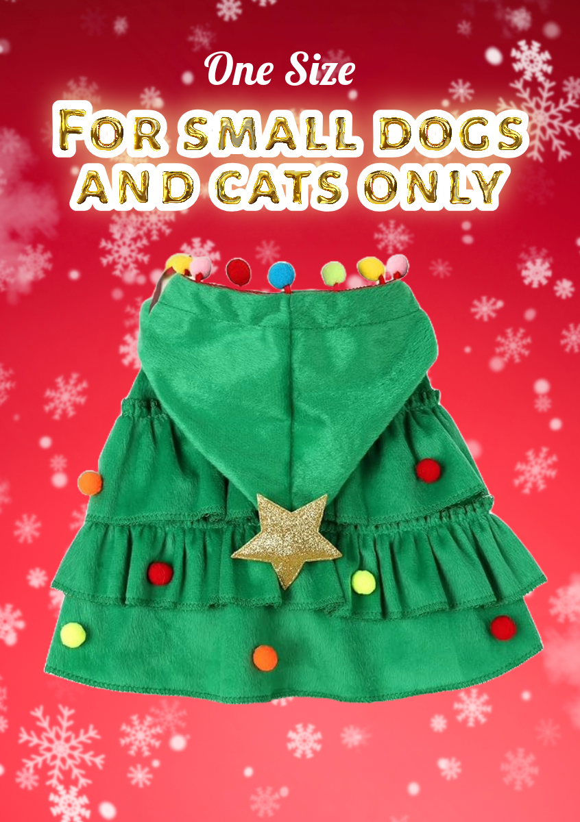 Pet Christmas Tree Costume size guide - One size for small dogs and cats with gold text on red festive background with snowflakes